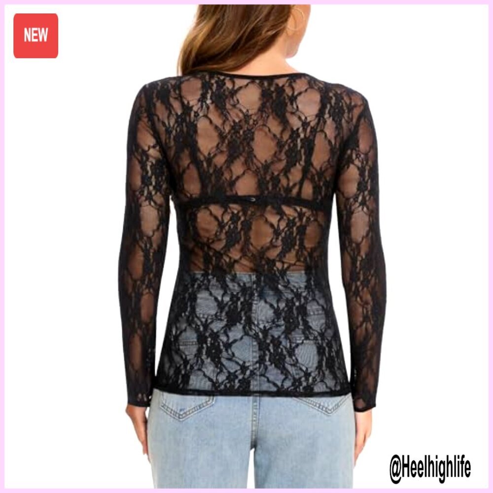 Long Sleeve Mesh Blouse Sheer Lace Top Floral Concert Party Outfit - Picture 2 of 6
